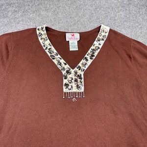 Quacker Factory Top‎ Womens 3X Brown Embellished Beaded V Neck 3/4 Sleeve Knit